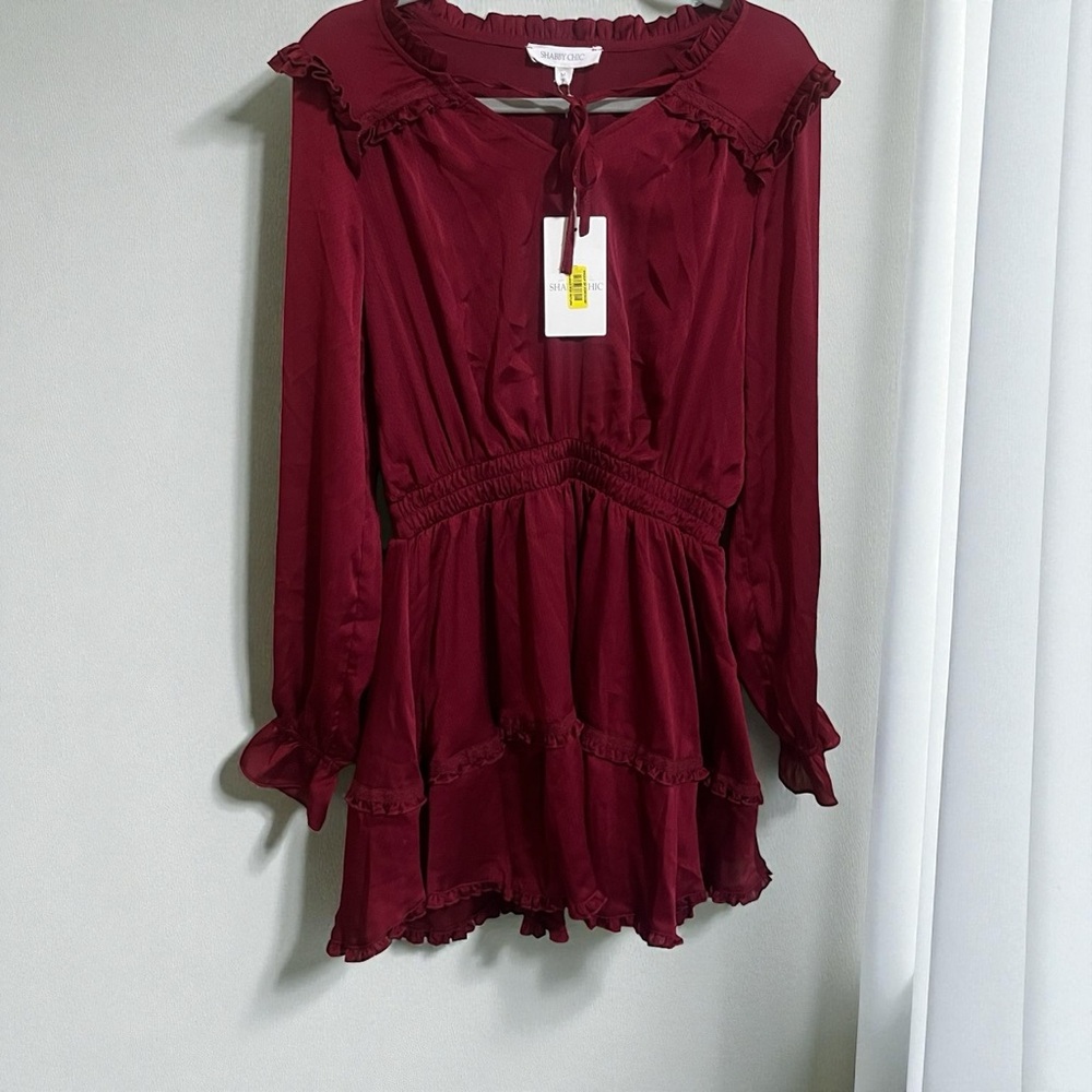 Shabby Chic NWT Dark Red Burgundy Ruffled Long Sleeve Cottage Mini Dress Medium
